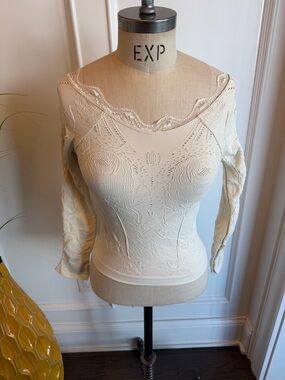 Intimately Free People Cream Lace-Trim Textured Long-Sleeve Knit Top